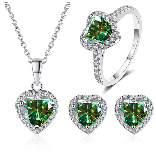 Elegant Heart Shape Sterling Silver and Moissanite Jewelry Set