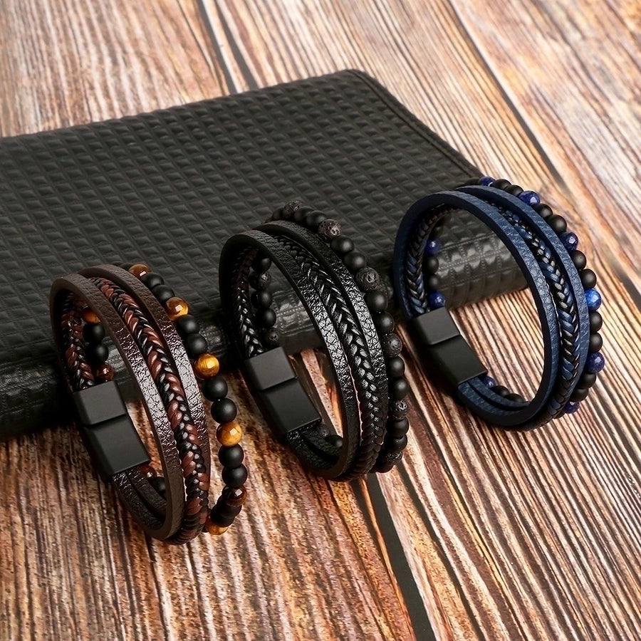 Retro Round Leather Natural Stone Knitting Men's Bracelets