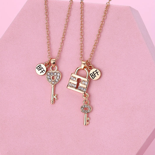 Cute BFF Key Lock Alloy Rhinestone Pendant Kids Necklace