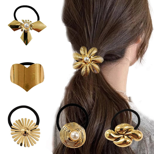 Aesthetic Flower Metal Inlay Rhinestones Pearl Hair Tie