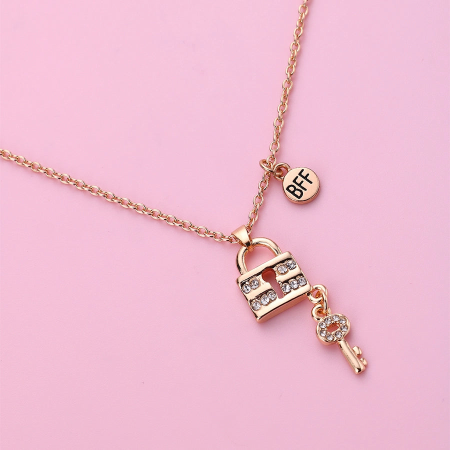 Cute BFF Key Lock Alloy Rhinestone Pendant Kids Necklace