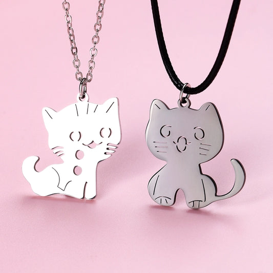 BFF Cat Pendant Leather rope Kids Necklace