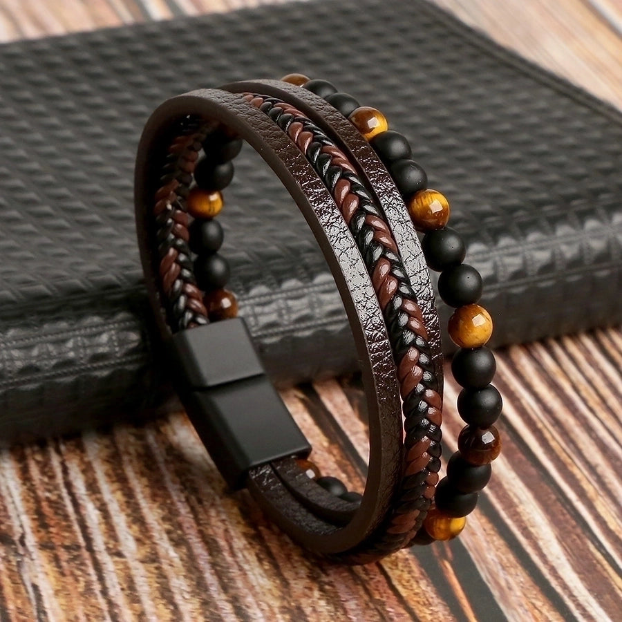 Retro Round Leather Natural Stone Knitting Men's Bracelets