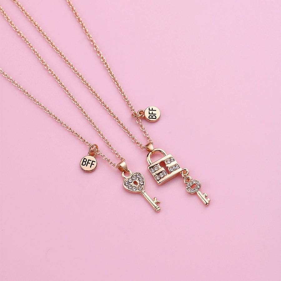 Cute BFF Key Lock Alloy Rhinestone Pendant Kids Necklace