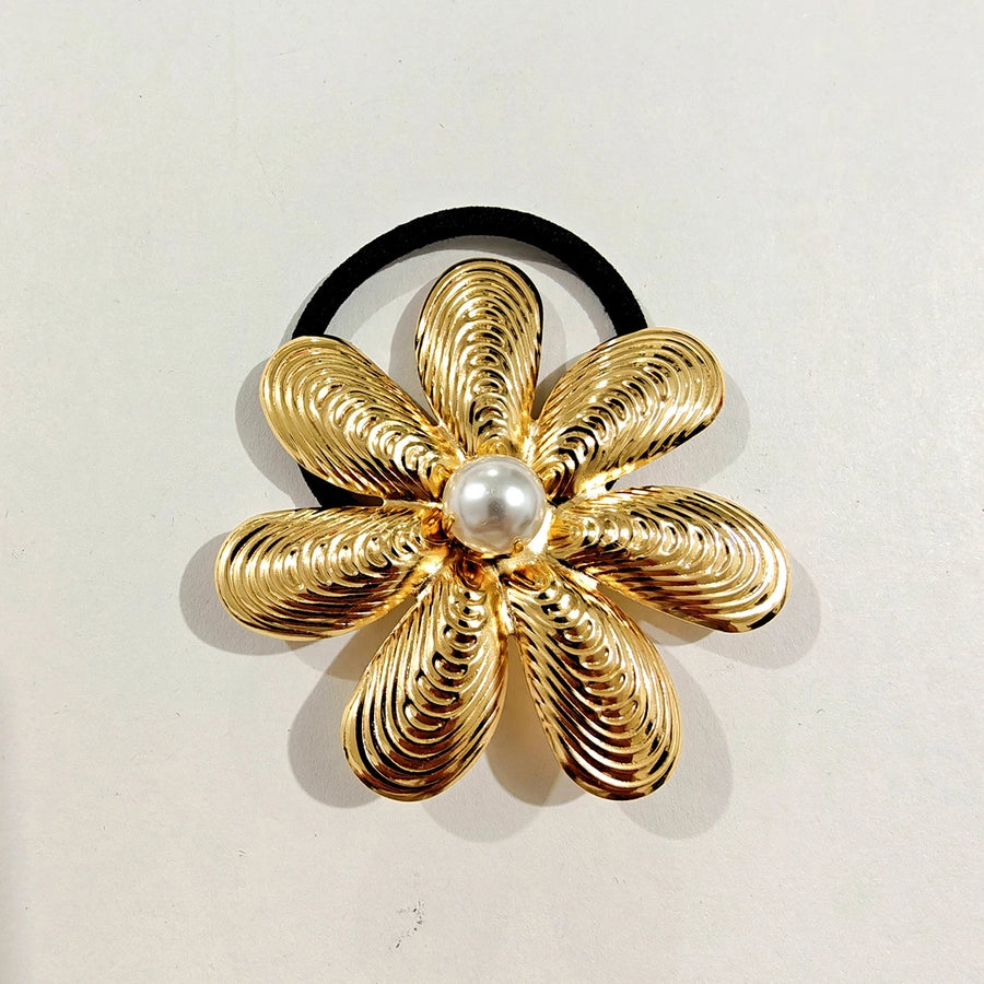 Aesthetic Flower Metal Inlay Rhinestones Pearl Hair Tie