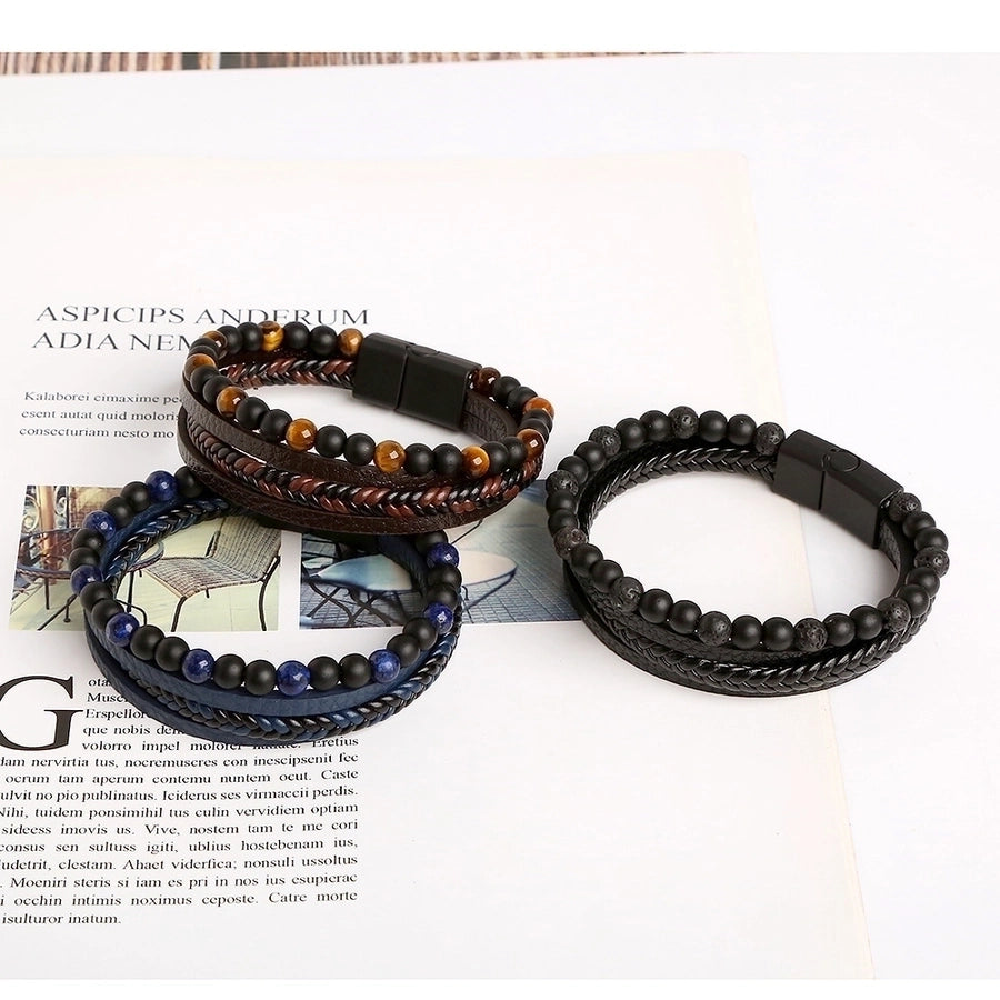 Retro Round Leather Natural Stone Knitting Men's Bracelets