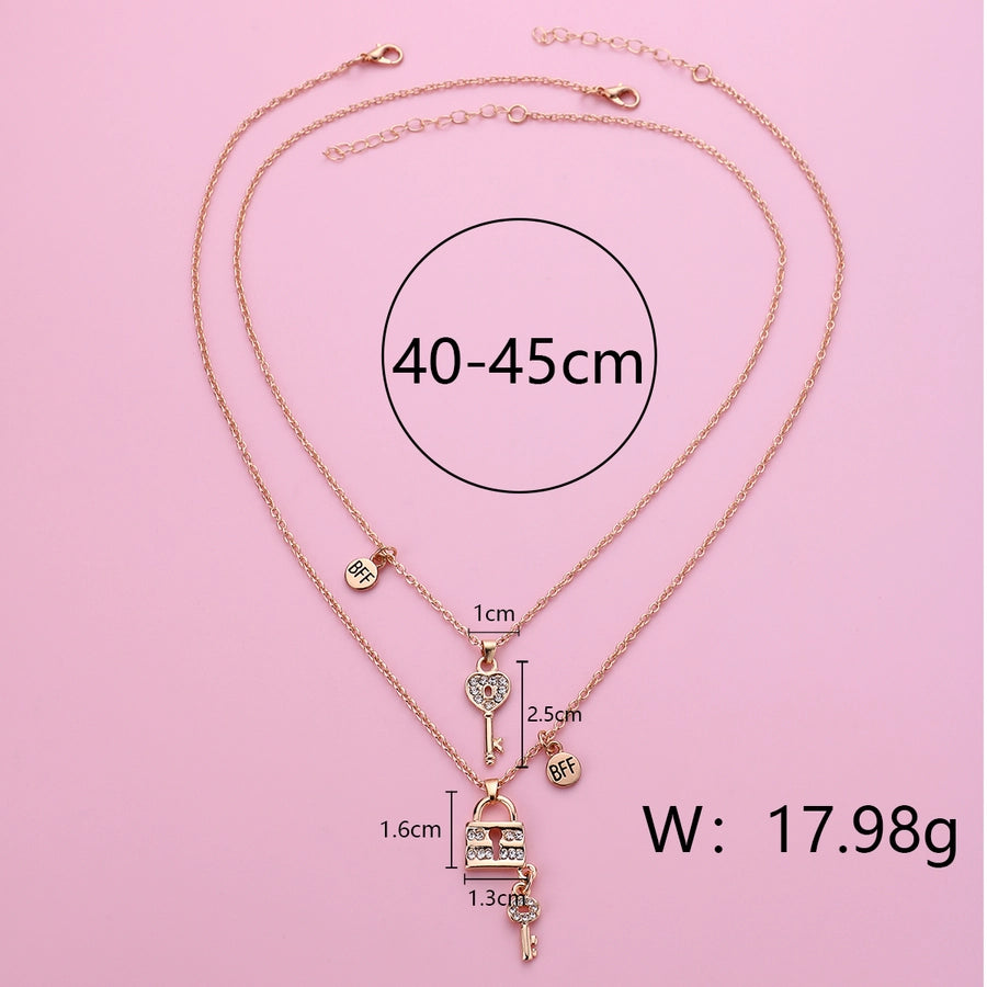 Cute BFF Key Lock Alloy Rhinestone Pendant Kids Necklace