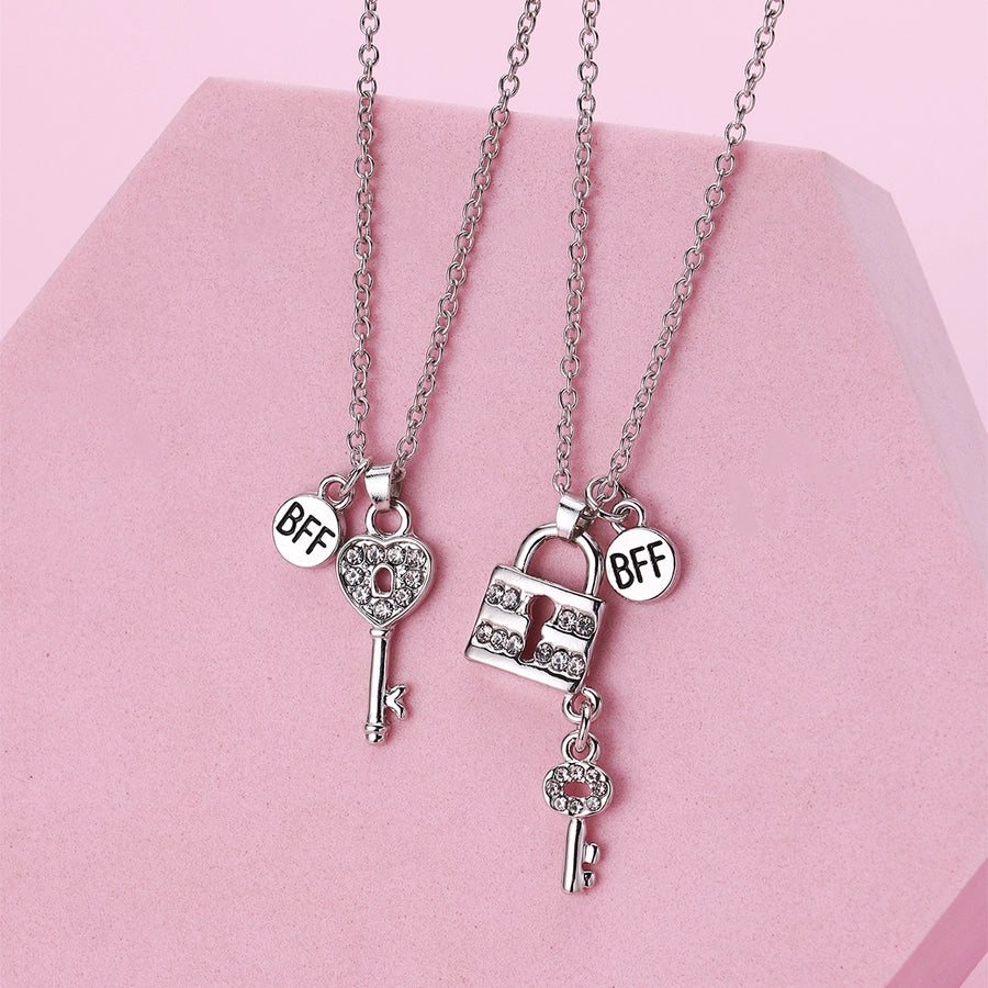 Cute BFF Key Lock Alloy Rhinestone Pendant Kids Necklace