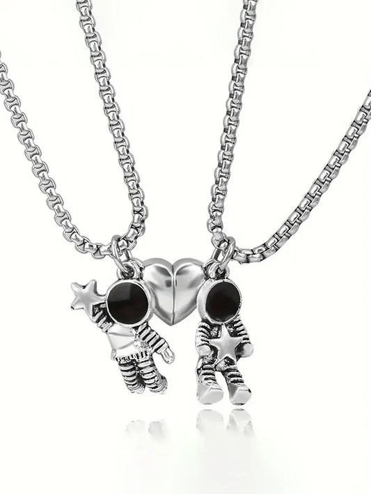 Cute Astronaut Heart Shape Magnetic Stainless Steel Necklace