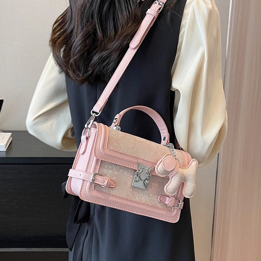 Leather Square Lock Clasp Handbag