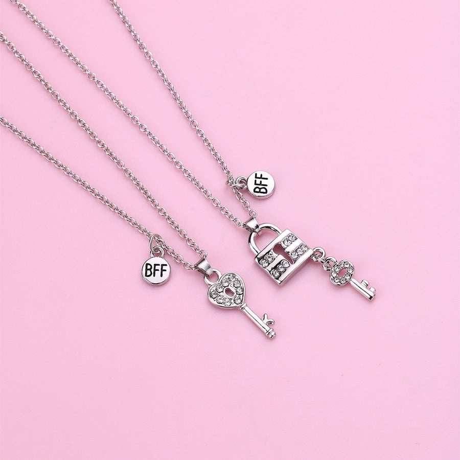 Cute BFF Key Lock Alloy Rhinestone Pendant Kids Necklace