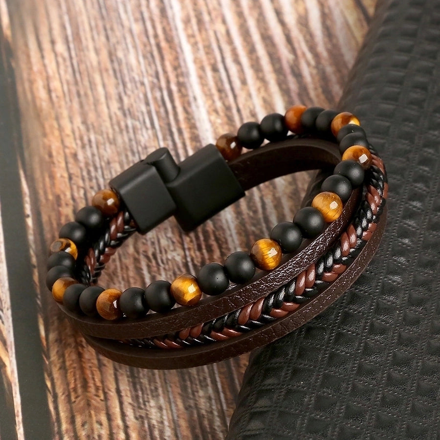 Retro Round Leather Natural Stone Knitting Men's Bracelets