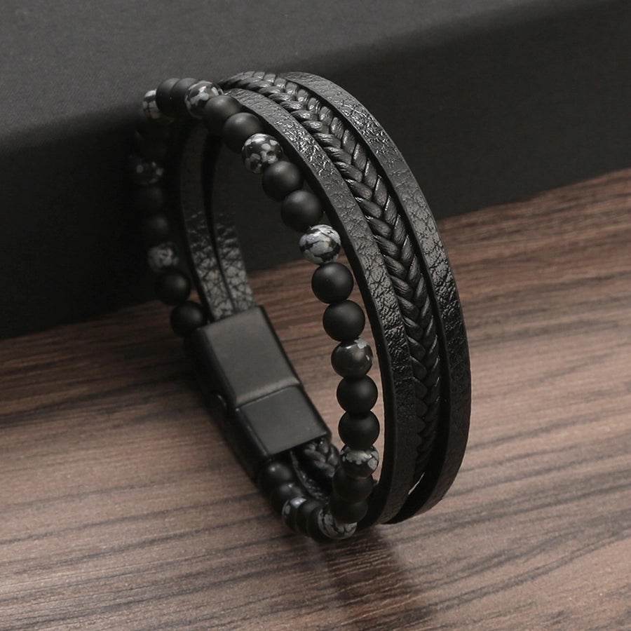 Retro Round Leather Natural Stone Knitting Men's Bracelets