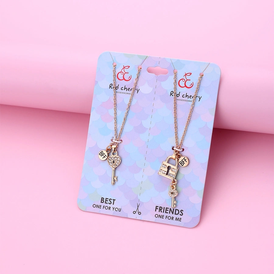 Cute BFF Key Lock Alloy Rhinestone Pendant Kids Necklace